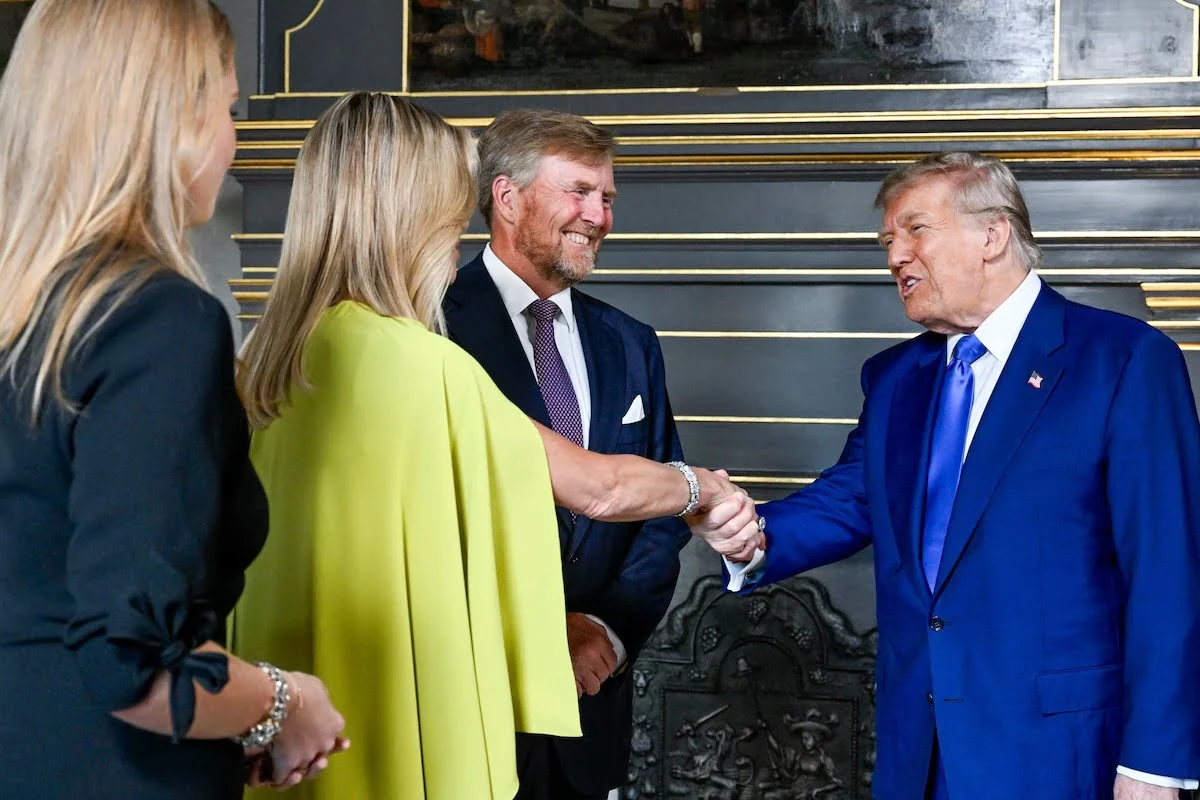 Koning Willem Alexander en Koningin Máxima met de Amerikaanse president Donald Trump in Paleis Huis ten Bosch, juni 2025.